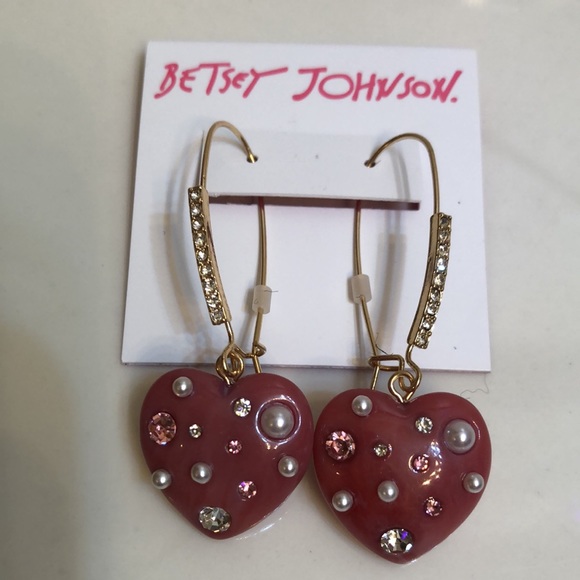 Betsey Johnson Gold Tone Pink Resin Heart Drop Earrings Crystal & Faux Pearl NWT - Picture 8 of 11